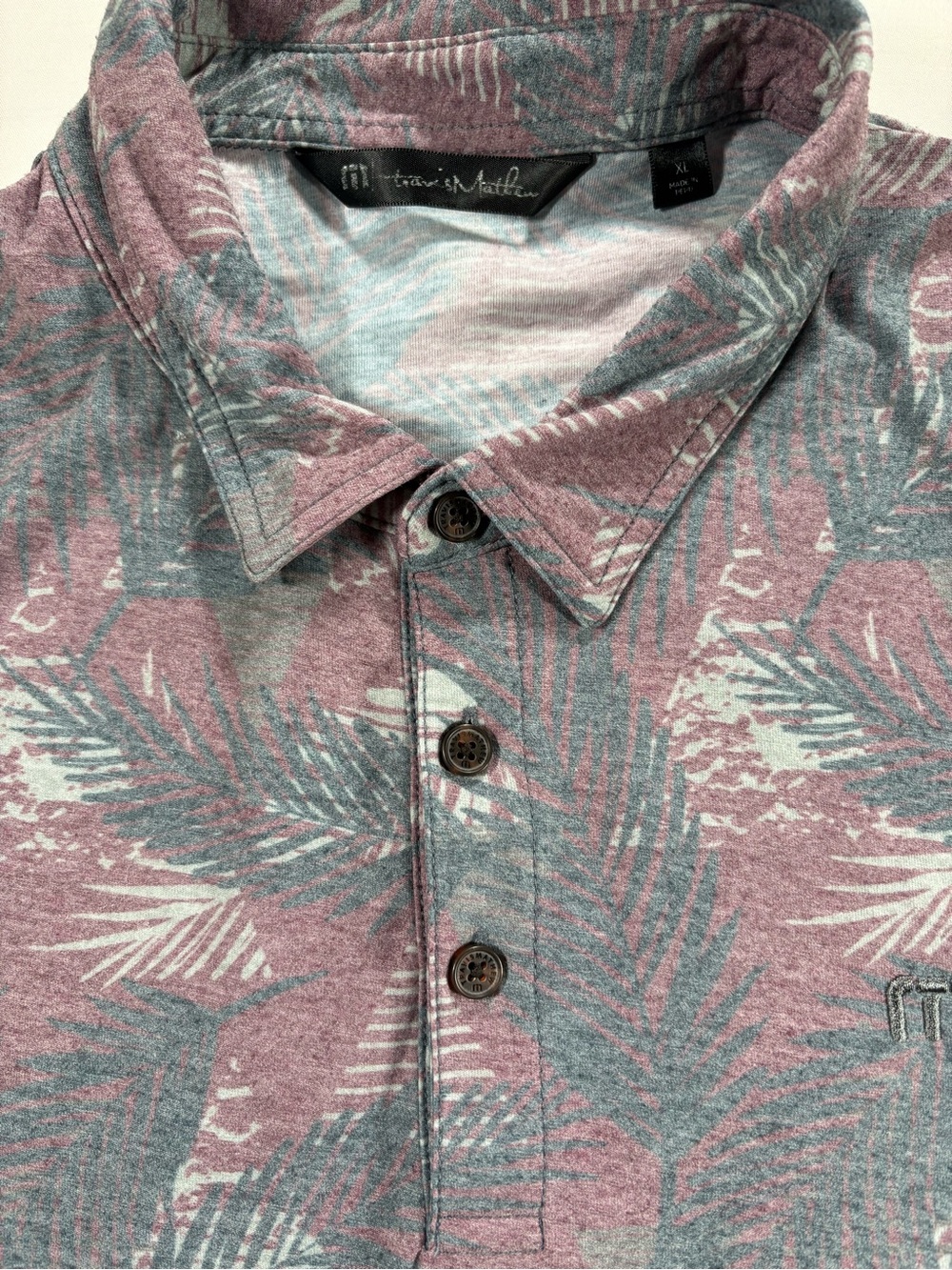 Travis Mathew Mens XL Heathered Maroon Grey Palm Print Golf Polo Shirt